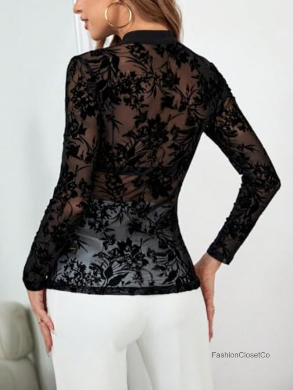 Sheer Mesh Mock Neck Long Sleeve Blouse Party Top - Picture 2 of 6
